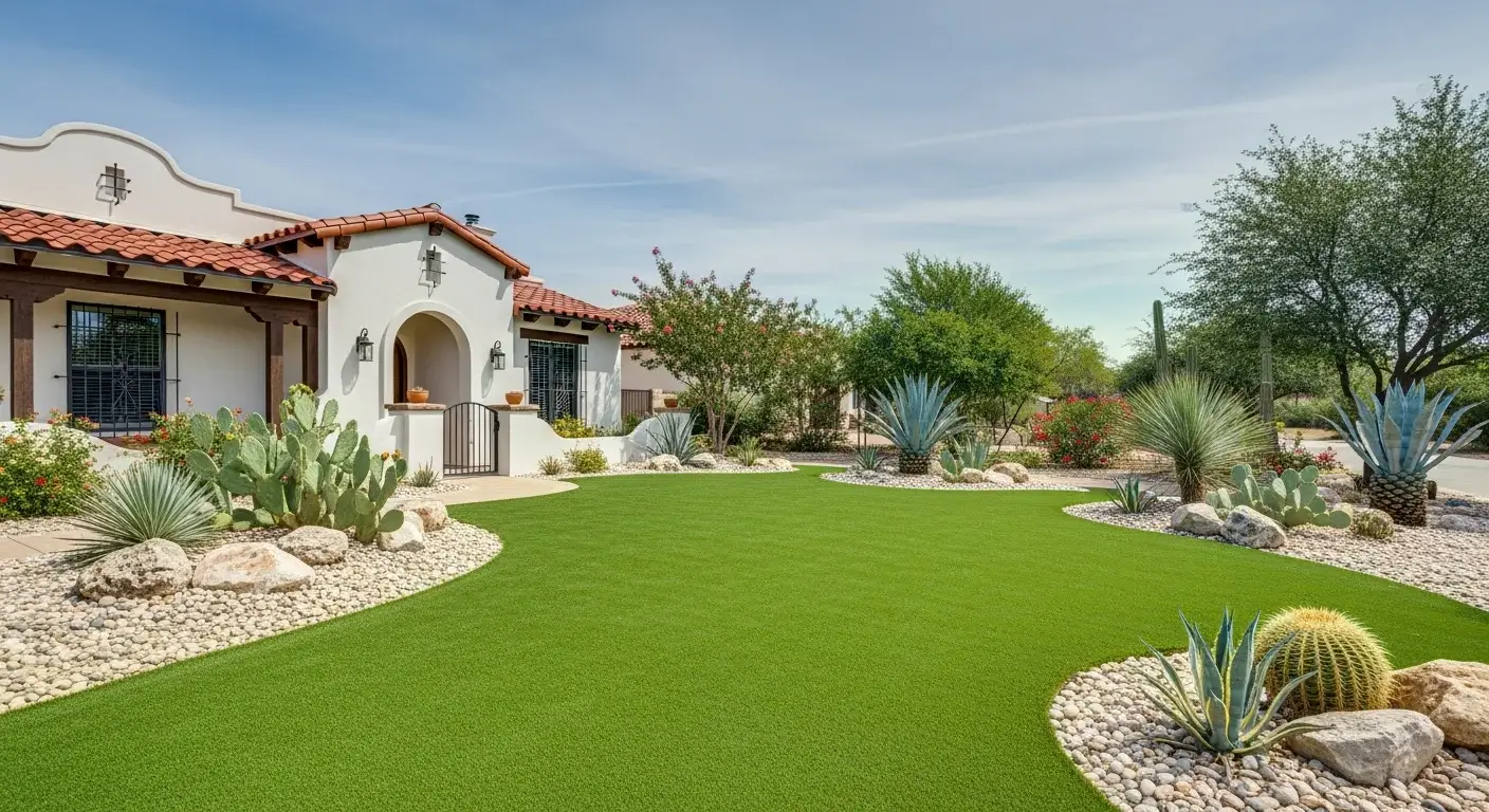 Residential front yard with synthetic grass